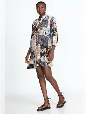 Johnny Was Luna Silk Mini Dress Patchwork Floral Button Front Size SM